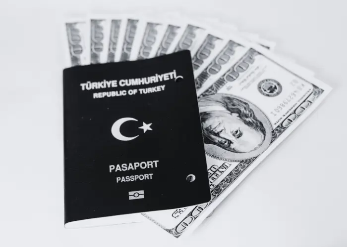 Turkish passport placed on US dollar bills – visual concept of Turkish Citizenship by Investment through real estate or financial contributions.