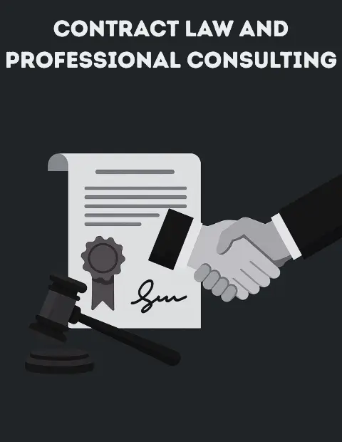 The poster titled “CONTRACT LAW AND PROFESSIONAL CONSULTING” features a contract document and a gavel symbol in the center, with two figures shaking hands on the right and left, symbolizing professional legal consulting in a minimalist illustration.